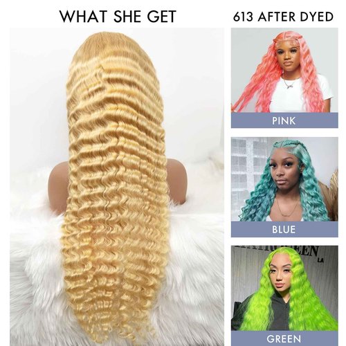 613 Lace Front Wig Human Hair 16A Blonde Wig Human Hair 22 Inch 13x4 HD 613 Deep Wave Lace Front Wig Human Hair Blonde Frontal Wig Deep Wave 613 Wig 180% Density Deep Curly Glueless Wig Pre Plucked