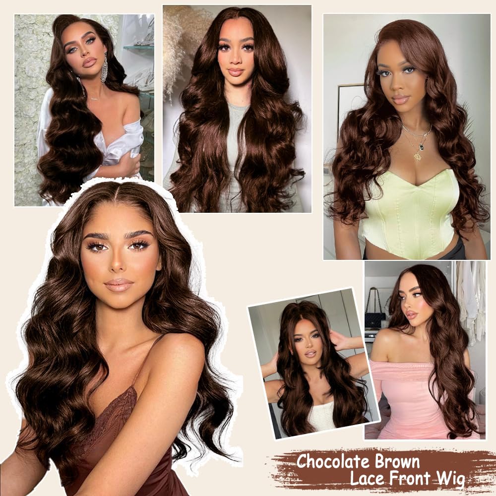 PIOGH 30 Inch Chocolate Brown Lace Front Wig Human Hair 13X6 Body Wave Lace Front Wigs Human Hair Pre Plucked 180 Density Colored Glueless 13X6 HD Lace Frontal Brown Wig Human Hair for Women
