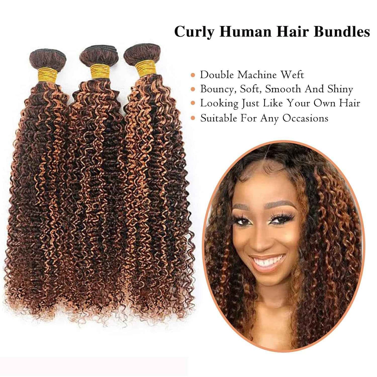Giginger Jerry Curly Human Hair Bundles 22 24 26 Inch Brazilian Chocolate Brown Highlight P4/30 Jerry Curly Bundles Human Hair 100% Unprocessed Raw Quick Weave Hair for Black Women