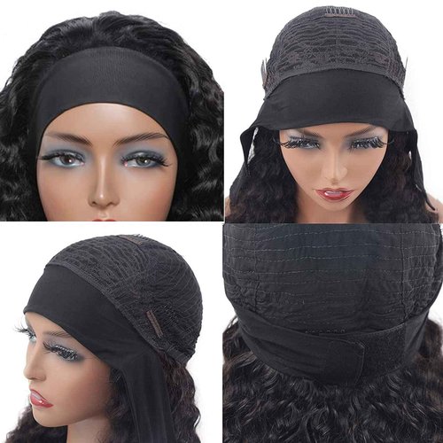 Aiterina Headband Wig for Black Woman 20 inch Brazilian Human Hair Wigs Deep Curly Wave Headband Wig Natural Color