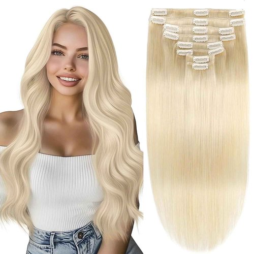Platinum Blonde Clip in Hair Extensions Real Human Hair Clip in Extensions Invisible Remy Human Hair Natural Straight Seamless Hair Extensions 8pcs Double Weft 20 Inch 105g