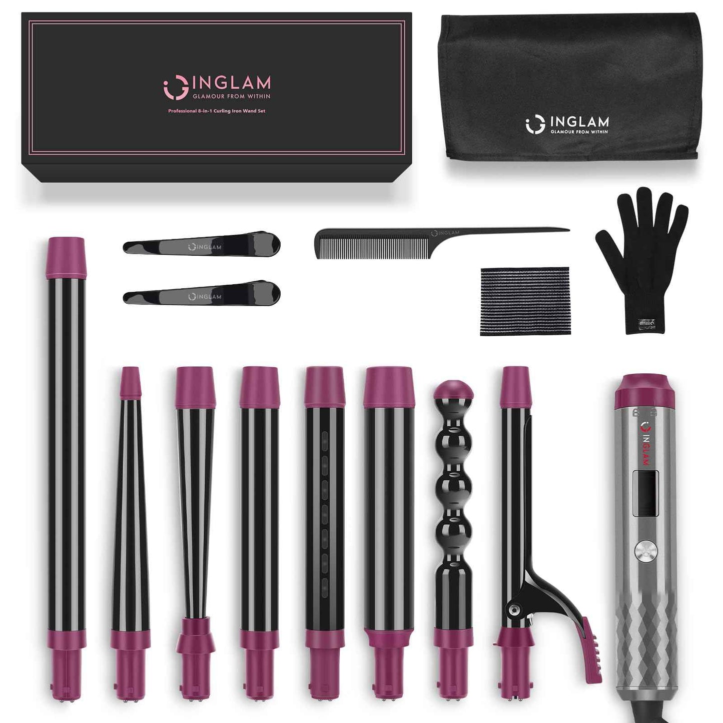 IG INGLAM Curling Iron Wand Set, 8 in-1 Interchangeable Ceramic Barrels with Infrared, Cucurbit, Tapered, Extended, 1in, 1 1/4 in, 3/4in Barrels and Clips