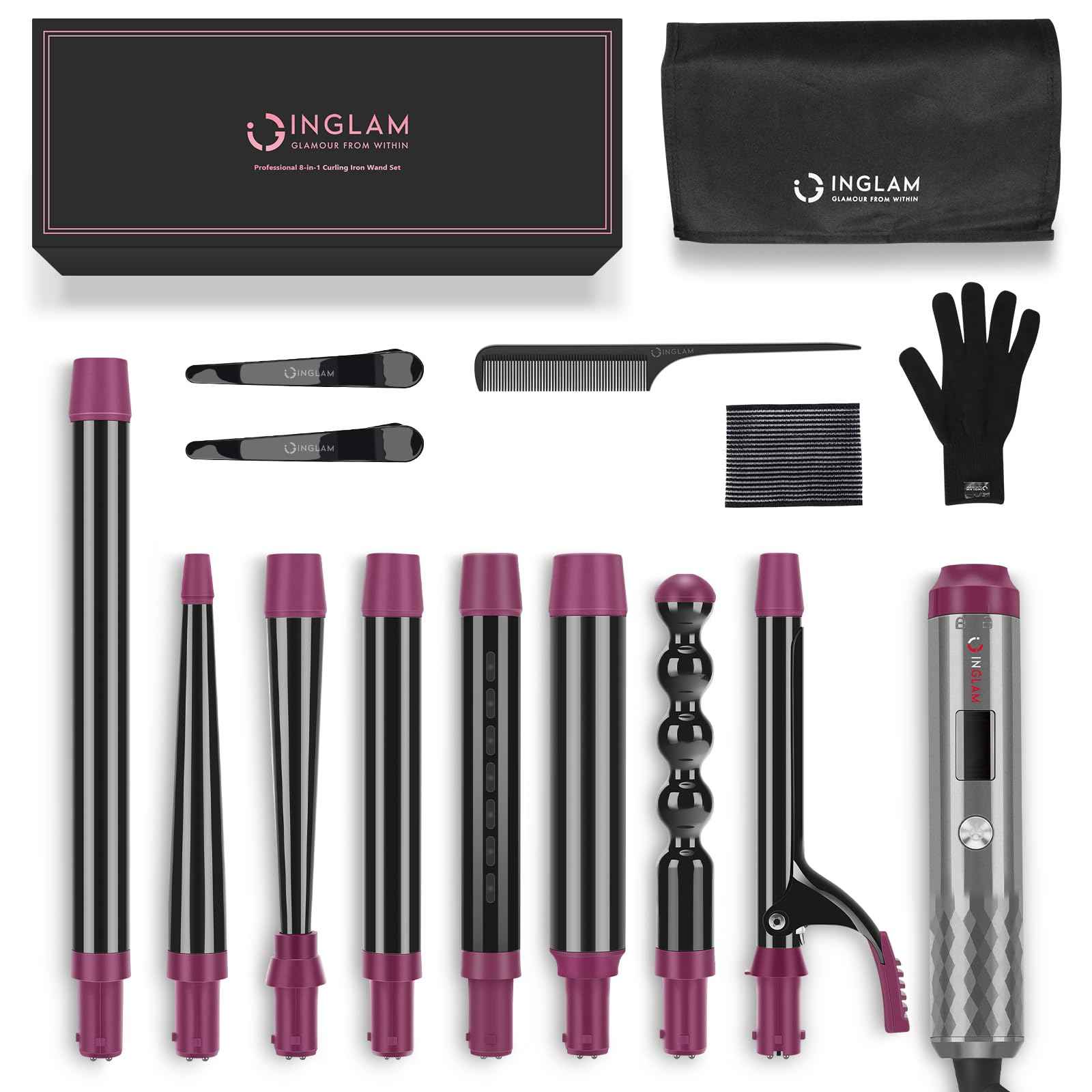 IG INGLAM Curling Iron Wand Set, 8 in-1 Interchangeable Ceramic Barrels with Infrared, Cucurbit, Tapered, Extended, 1in, 1 1/4 in, 3/4in Barrels and Clips