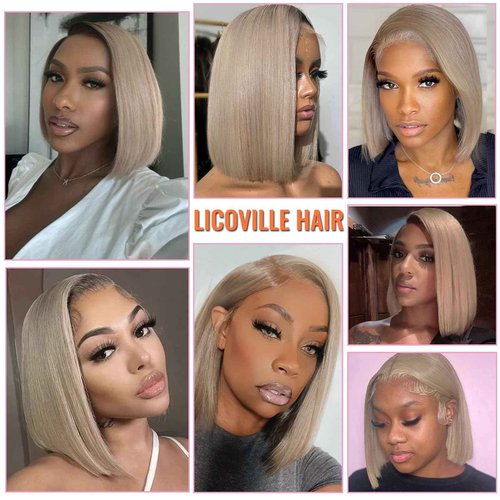 Licoville 13x6 Ash Blonde Bob Wig Human Hair 12 Inch Deep Part Ash Blonde HD Lace Front Wig Human Hair Short Bob Wigs for Black Women 180% Density Silky Straight Blond Wig
