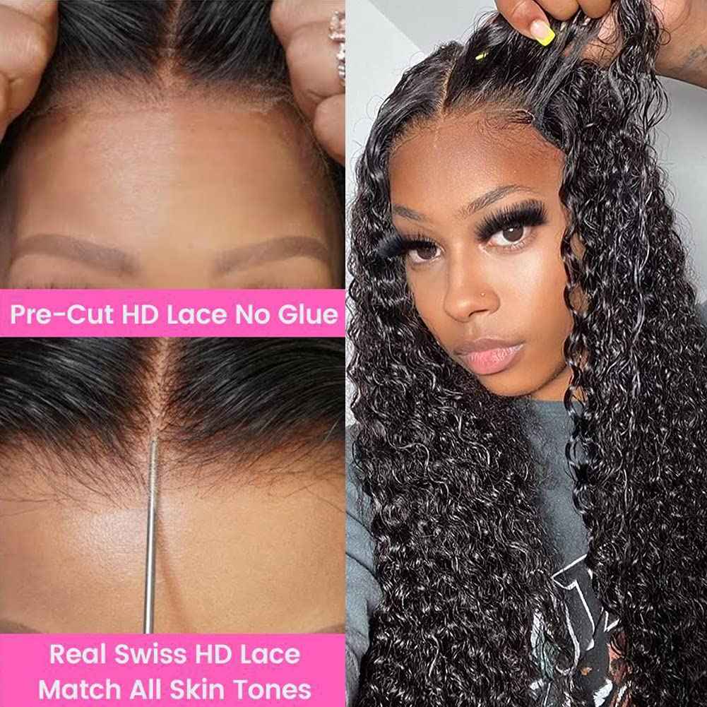 22 Inch Wear and Go Glueless Wigs Human Hair Bye Bye Knots Deep Wave HD 7X5 No Glue Lace Wig, Glueless Wig Pre Plucked, 15s Wear Complete Wear and Go Wig Pre Cut Lace Wig Natural black 200% Density