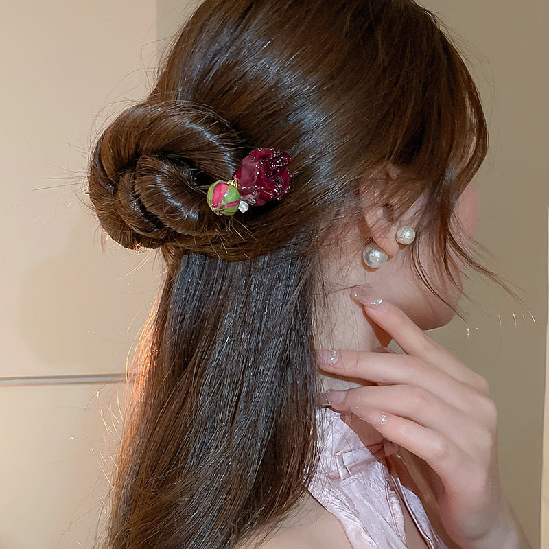 Chinese Style Rose Pearl Hairpin - Golden Red Acrylic Hair Accessory