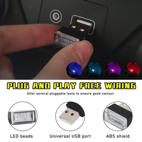 Augeny 4 PCS USB LED Car Interior Atmosphere Lamp, Plug-in USB Decor Night Light, Portable Auto Ambient Lighting Kit, Universal Vehicle Interior Accessories for Most Cars (Blue+Ice Blue+Red+Purple)