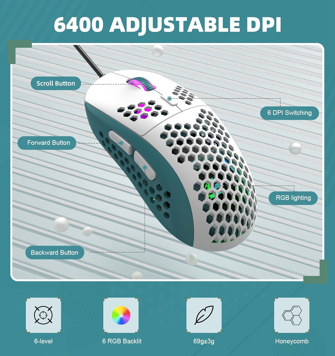 ZIYOU LANG Wired RGB Gaming Mouse,65G Lightweight Honeycomb Ultralight Mouse with High Precision Sensor 6400DPI,6 Button Programmable USB Gaming Mice,Precise Registration for PC Gamers Xbox PS4 Users
