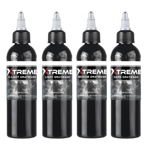 Xtreme Ink Greywash Set, Unleash Artistry with Subtle Shades, Extra Light, Light, Medium, and Dark Graywash, Ethical, Sterilized, and Ready-to-Use Tattoo Pigment Dispersion (Set of 4, 4 oz)