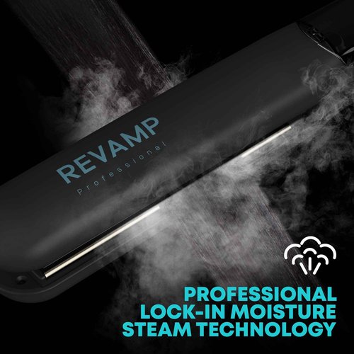 Revamp Progloss MoistureCare 1.25-Inch Flat Iron Hair Straightener – Steam Hair Straightener with Keratin, Argan & Coconut Oil Infused Ceramic & Ionic Floating Plates, Easy to Use with Auto-Off