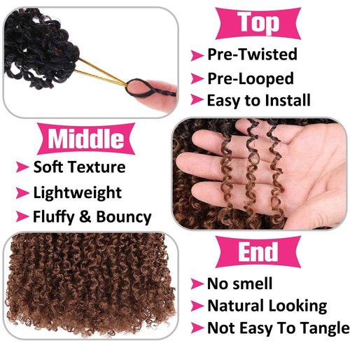 Unionbeauty 14 Inch Pre-looped Yanky Twists Crochet Braids Hair 8 Packs Pre-twisted Micro Passion Twist Crcochet Hair Ombre Brown Spring Twists Synthetic Marlybob Crochet Braids Hair Extensions 1B/30#