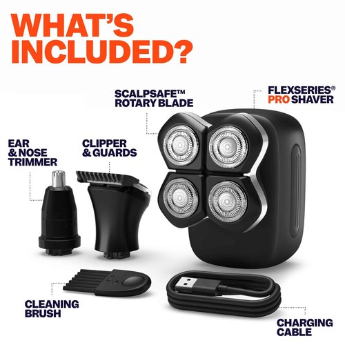 Freebird FlexSeries Pro Electric Head & Body Shaver - Mens Cordless Rechargeable Wet/Dry Skull Bald Head Back & Groin Waterproof Razor with Rotary Blades, Clippers, Nose Trimmer, Brush, Massager