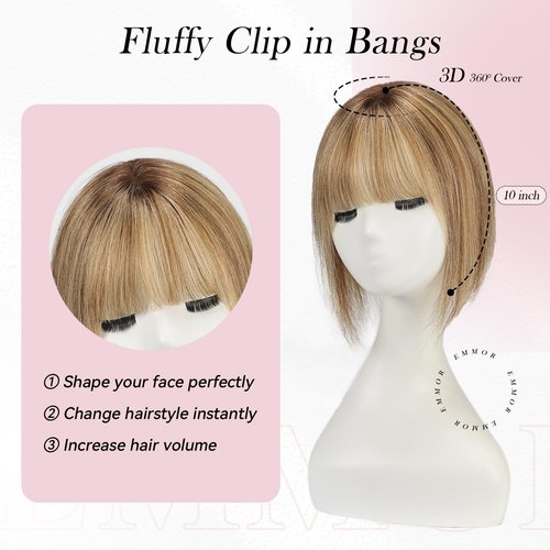 EMMOR 10 Inch Real Human Hair Topper for Women - Upgrade Swiss Lace Base with 3 Non-Slip Clips, 4.5" x 3" Clip in Bangs for Thinning Hair & Natural Hair Loss Coverage(Ombre Brown & Blonde Highlight)