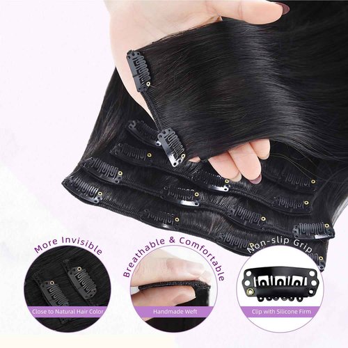 Nuzusa Clip in Hair Extensions Real Human Hair,100% Brazilian Remy Human Hair Extensions for Women,1B Natural Black 8pcs Per Set with Double Weft,26inch 130g,Straight
