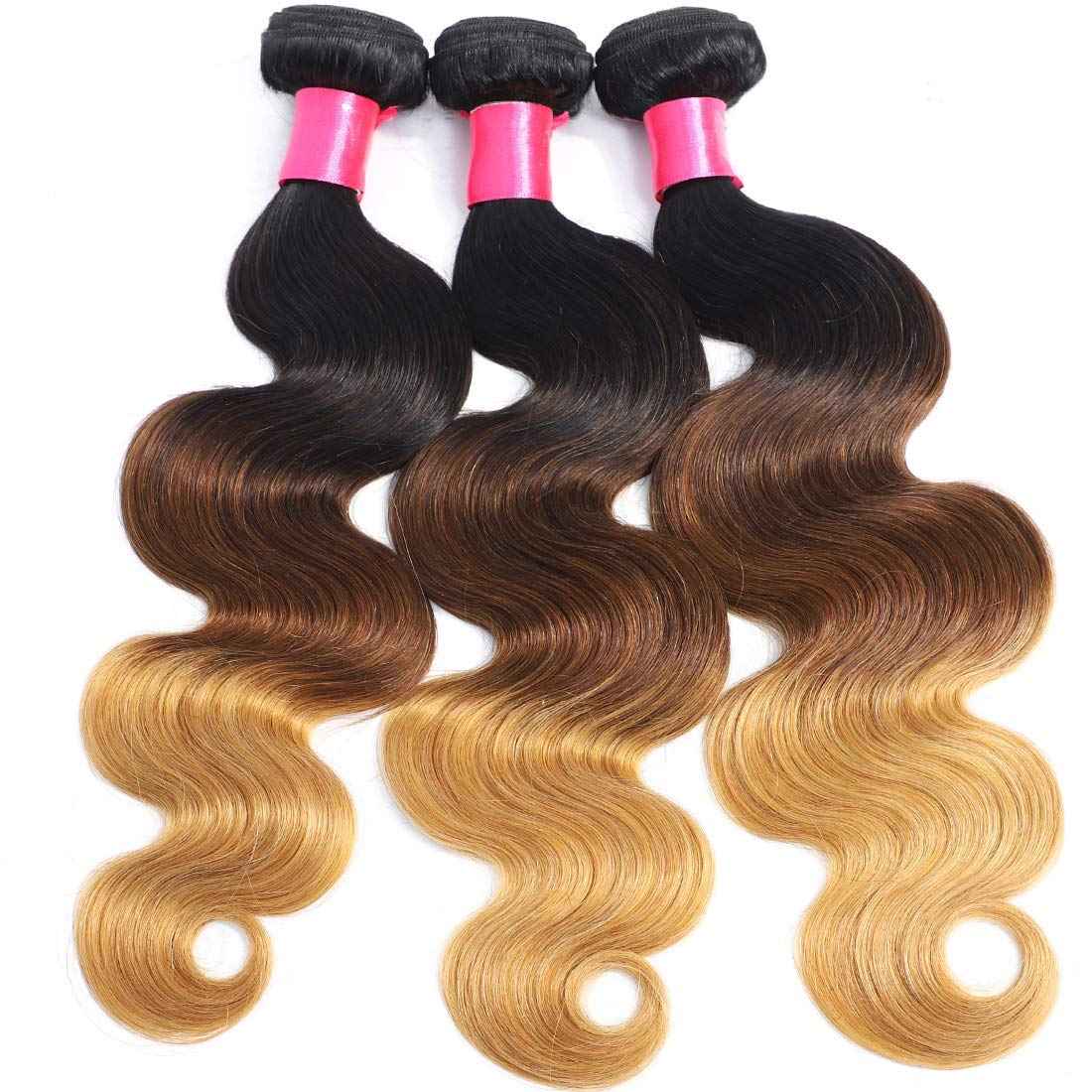 Ombre Human Hair Bundles 1b/4/27 Three Tone Brazilian Ombre Body Wave 3 Bundles 14 16 18inch 100% Unprocessed Virgin Human Hair Bundles Weaves Extensions for Women