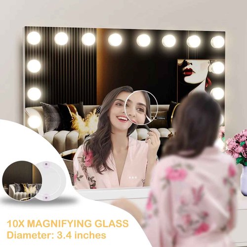 Gvnkvn 22.8 x 18.2 Vanity Makeup Mirror with Lights, 10X Magnification,Large Hollywood Lighted Vanity Mirror with 15 Dimmable LED Bulbs, USB Charger Port, Tabletop or Wall-Mounted Gold