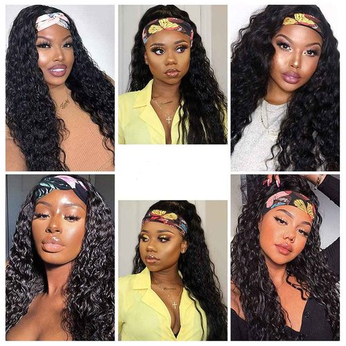 XSY Headband Wig Human Hair Deep Wave Human Hair Wigs 24 Inch Virgin Brazilian None Lace Front Wig Glueless Machine Made Wigs for Black Women Natural Colour