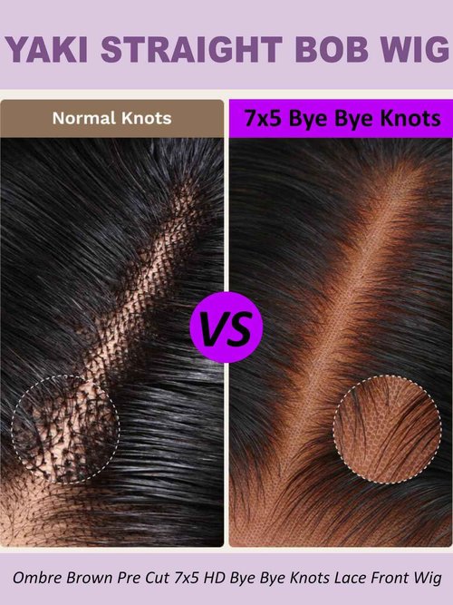 YIROO Yaki Straight Bob Wig Ombre Brown Human Hair Bye Bye Knots Glueless Wig Chestnut Brown Pre Cut 7x5 HD Lace Front Lace Put On and Go Pre Bleached Pre Plucked with Dark Roots Yaki Bob Wig 10Inch