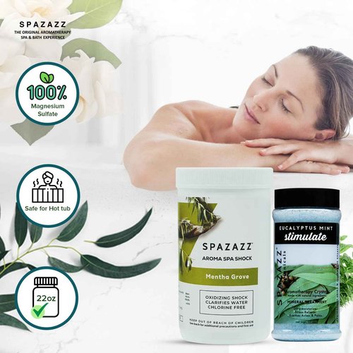 Spazazz Aromatherapy Bath Salt & Scented Spa Shock Set. Non Chlorine Mentha Grove Spa Shock & Eucalyptus Mint Hot Tub Bath Salt Crystals. Oxidizing Water Clarifier, Scum Absorber & Hot Tub Care eBook