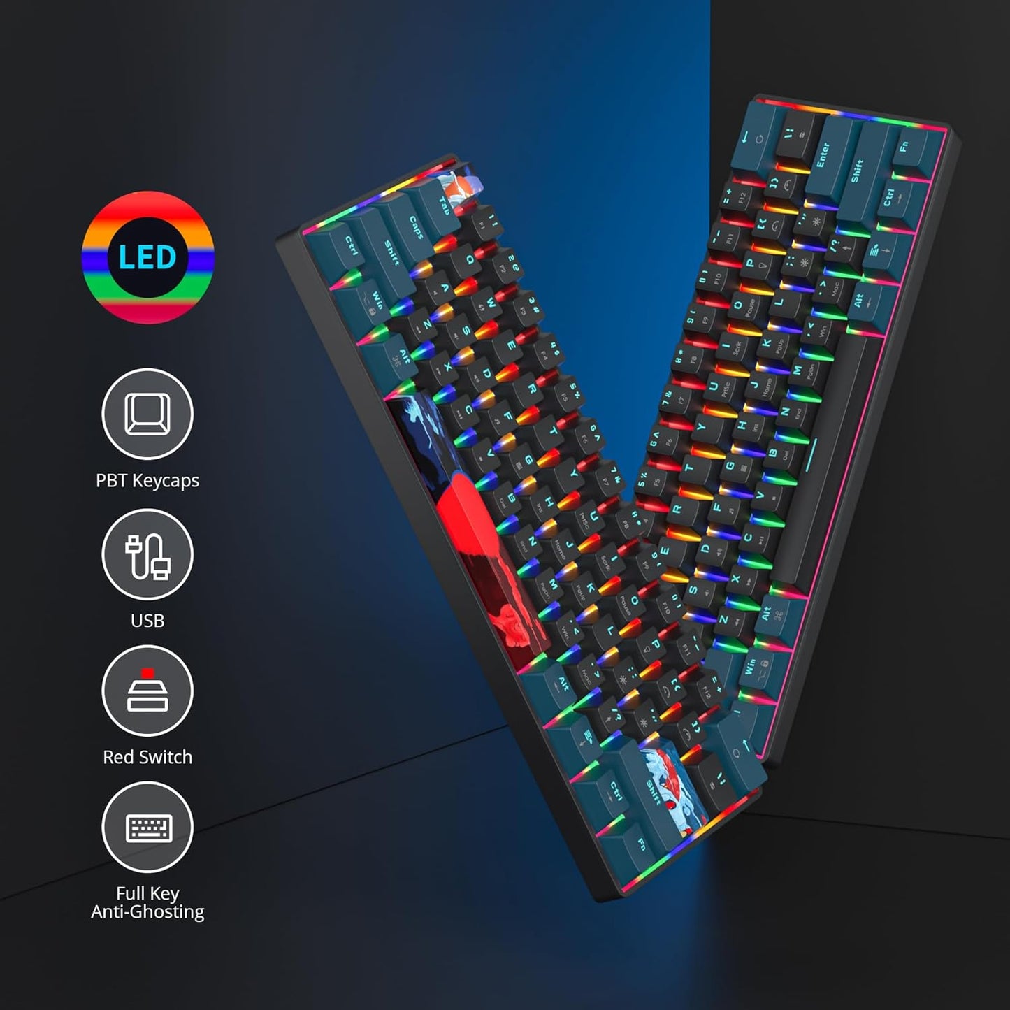 60 Percent Gaming Keyboard 60% Mechanical Keyboard LED Backlit Ultra Compact Wired Keyboard with Red Switch for Windows Laptop Gamer(61 Blue Samurai)