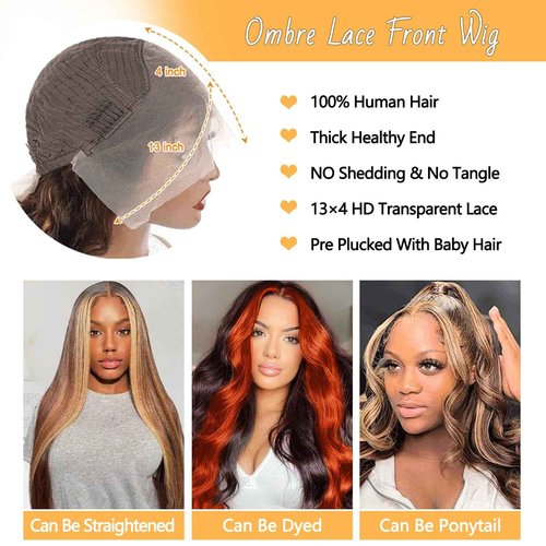 BEANATASHA Highlight Ombre Lace Front Wig, Pre Plucked, 13x4 HD Transparent Lace, 26 Inch, 180% Density Body Wave, 4/27 Colored, Glueless Wig, for Women