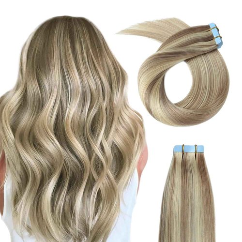 YILITE PU Tape Hair Extensions 22 Inch Glue in Seamless Human Hair Skin Weft Silky Straight Real Hair Extensions Piano 18 Mix 613 - 20 Pcs 50g Remy Tape Extensions (22 inch P18/613)