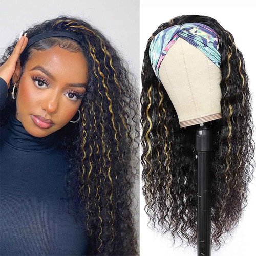 Punmasa Headband Wig Human Hair Deep Wave 20 Inches 1B/27 Headband wigs for women Glueless None Lace Front Wigs Machine Made 150% Density headband wig human hair with Headbands(20 Inches)