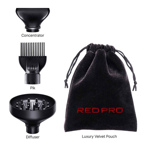 RED Pro Hair Dryer Soni-Clone 110,000 RPM High Speed BLDC Motor Dryer, Strong Air Flow for Fast Drying, Lightweight with Luxury Home & Travel Pouch, Magnetic Nozzle Hair Pik, Diffuser & Concentrator