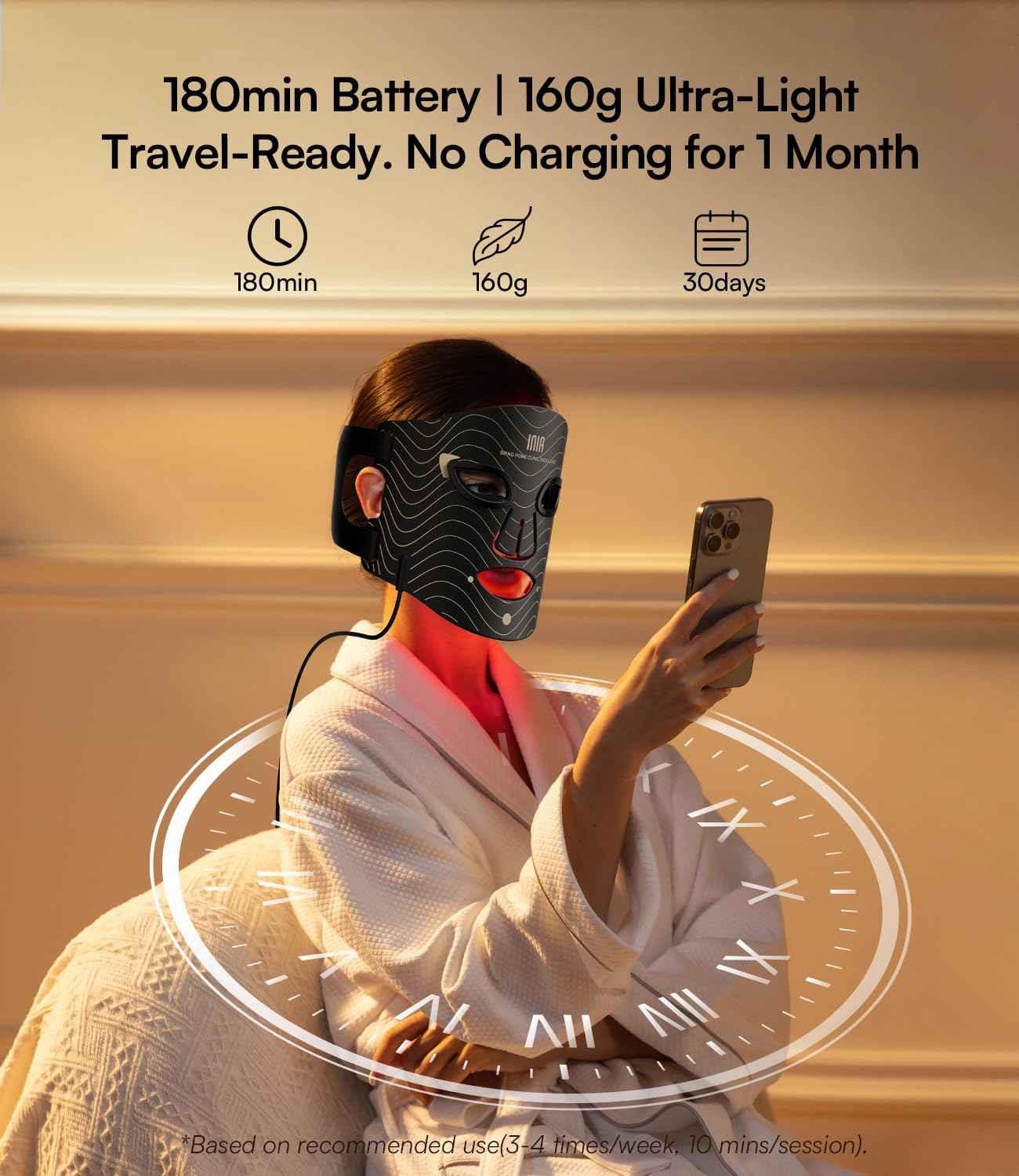 INIA Red Light Therapy Mask for Face – 4 Light Modes with 850nm NIR, Red & Blue LED Light Therapy, 2600mAh Rechargeable LED Face Mask for Radiant Glow at Home, Black