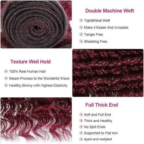 BilltiiWW Burgundy Deep Wave Bundles Color 99j Deep Wave Bundles Brazilian Human Hair Wet and Wavy Soft Silky for Black Woman 16 18 20 Inch