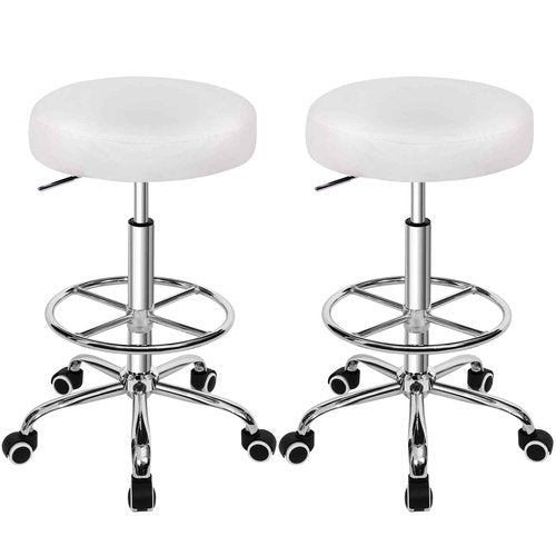 VECELO Round Rolling Stool with Footrest and Wheels, Easy Assembly PU Leather Height Adjustable Drafting Swivel Chair for Spa Salon, Office, Medical, Beauty, Bar, Lab, White, Set of 2