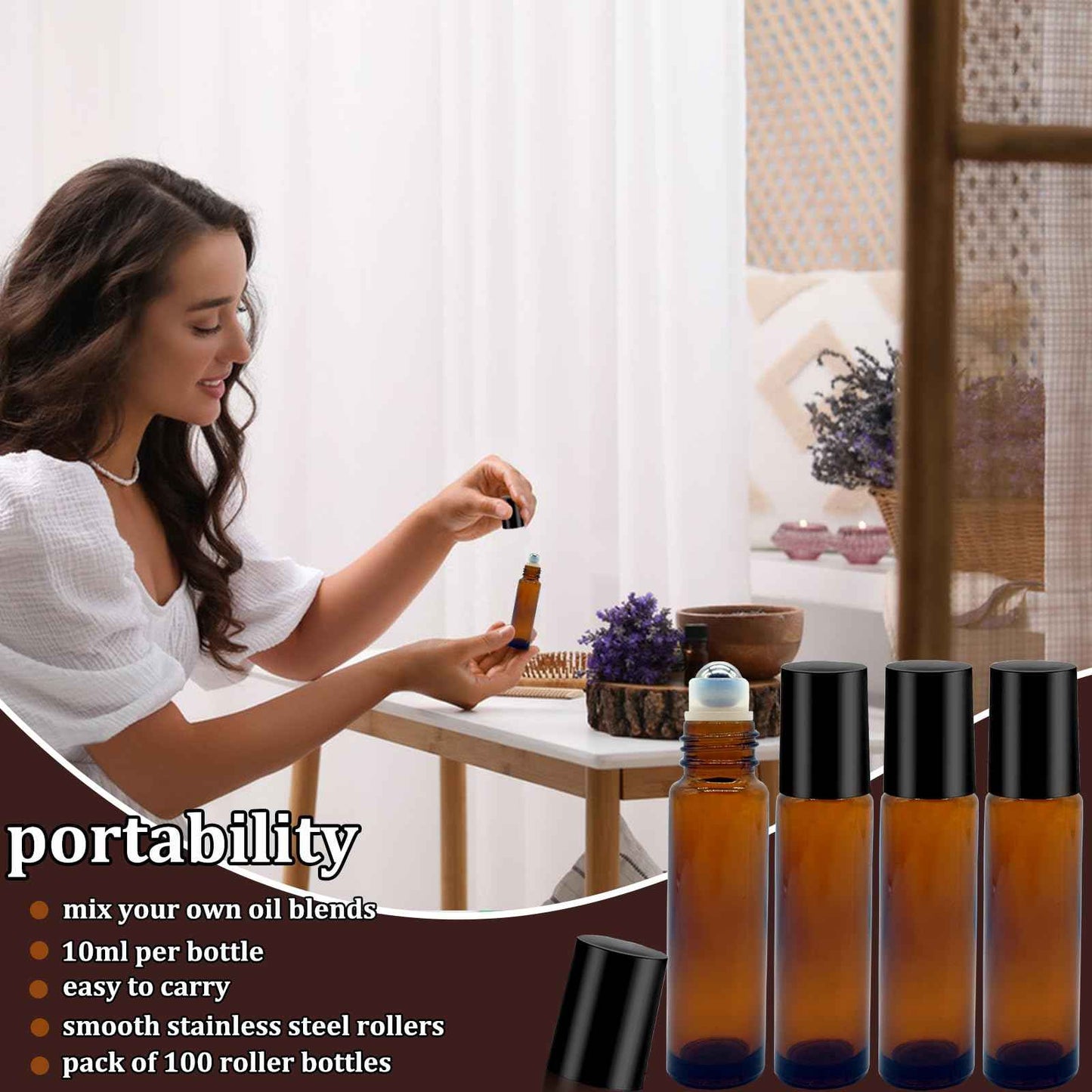 Hzmssore 100 Pcs Essential Oil Roller Bottles 10ml Empty Glass Roller Bottles with Stainless Steel Roller Balls Protection Leakproof with 5 Funnel for Travel, Roller Balls For Essential Oils(Brown)