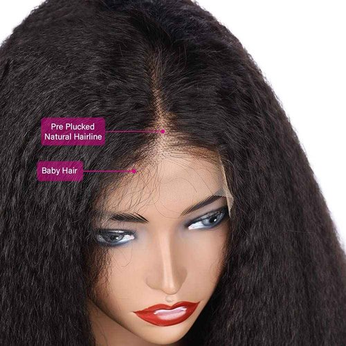 ZIYU 13X4 Kinky Straight Lace Front Wigs Human Hair for Women, 16 inch Kinky Straight Human Hair Wig Pre Plucked HairLine with Baby Hair,180% Density Yaki Straight Lace Wigs Natural Black Color