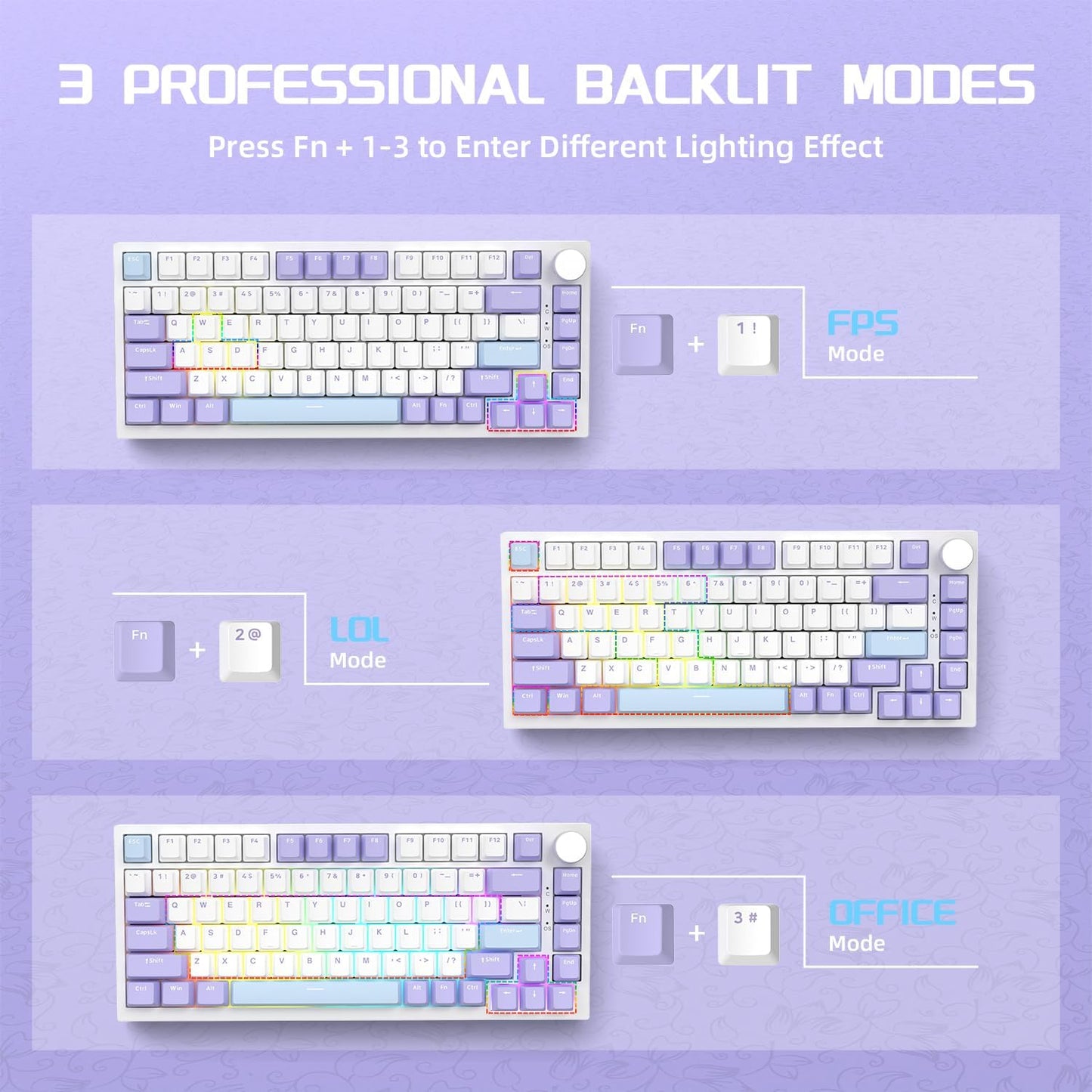 Attack Shark ajazz AK820 Wired Mechanical Gaming Keyboard with Volume Knob Hot Swappable 75% Gasket Keyboard 5-Layer Noise Absorbing Foam PBT Keycap Ice Blue Backlit Blue Switch for PC/Win/Mac-White