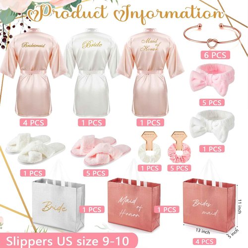 Shyyween 36 Pcs Bride Bridesmaid Robes Set of 6 Bridal Party Silk Satin Robes for Wedding Bachelorette Party Gifts(White,Pink)