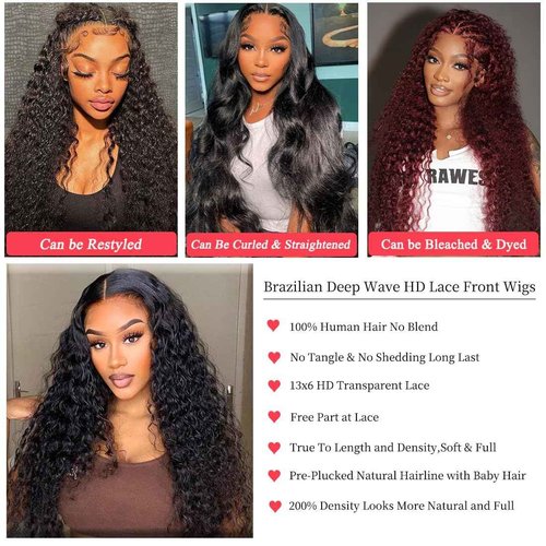 Lemeiily 13x6 Deep Wave Lace Front Wigs Human Hair 200 Density 22 Inch Curly Wig 13x6 HD Lace Front Wigs Human Hair Glueless Wigs Human Hair Pre Plucked for Black Women Natural Color