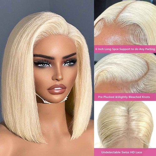 Ubetta White Blonde Lace Front Bob Wig Human Hair, Platinum Blonde 13x6 Lace Front Wigs Human Hair Pre Plucked White Blond Bob Wigs for Women 12 Inch 180% Density Bleachd Knots Swiss HD Lace