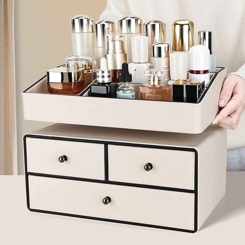 KINGFOM Leather Makeup Organizer with 3 Drawers, 2 Tier Cosmetic Storage Organizer for vanity Dresser Countertop and Bathroom Vanity, Beauty Holder for Lipstick Brush Skincare (Beige)