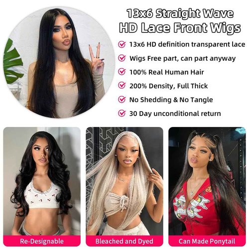 Dilraba 30 Inch Human Hair Wig 13x6 Lace Front Wigs Human Hair 200 Density HD Transparent Straight Lace Front Wigs Pre Plucked Glueless Lace Frontal Wigs Natural Black Color