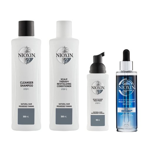 Nioxin System Kit 2, Cleanse, Condition, & Treat the Scalp for Thicker & Stronger Hair, 3 Month Supply + Night Density Rescue, Overnight Leave-in Antioxidant Serum for Hair Density and Thickness