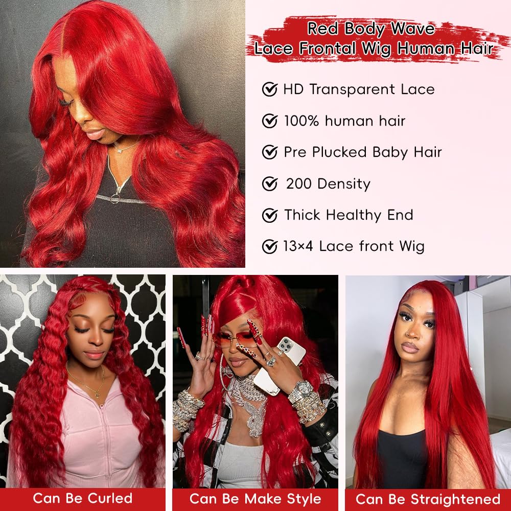 Hiyoker Red Lace Front Wigs Human Hair Pre Plucked Body Wave Red Wig 200 Density Frontal Wigs13x4 HD Red Wig Human Hair 26 Inch