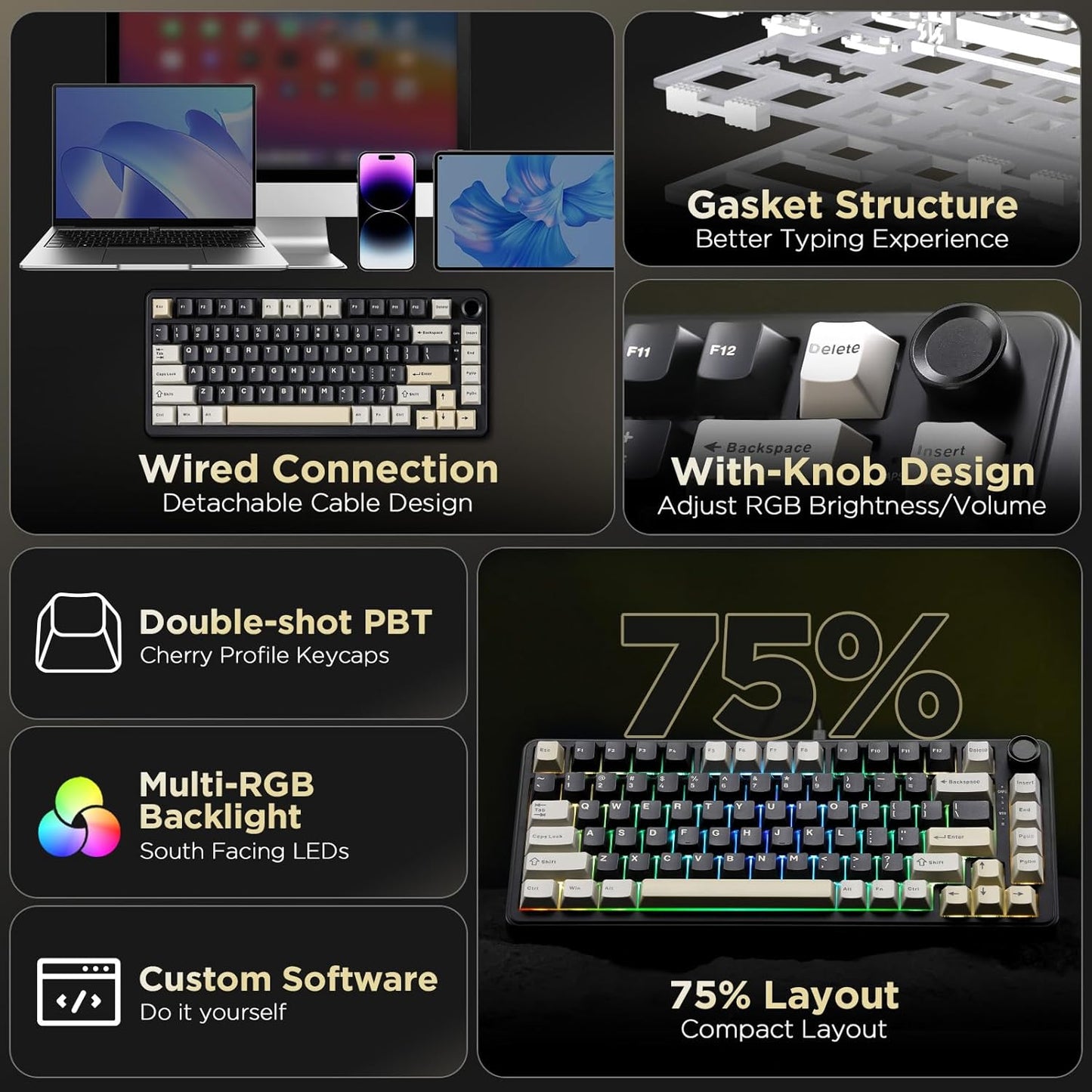 YUNZII B75 Mechanical Keyboard,75% Layout with Knob,Hot Swappable RGB Backlit Gasket Mounted, Creamy Typing, Double-Shot PBT Keycaps,Cherry Profile,for Win/Mac (White, Blue Grey Tactile Switch)