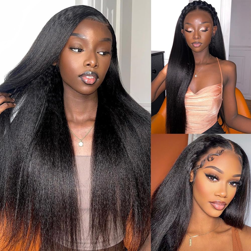 Kinky Straight Hair 3 Bundles 14 16 18 Inch 100% Unprocessed Brazilian Yaki Straight Bundles Human Hair Weave Extensions 1B Color Kinky Straight Human Hair for Women