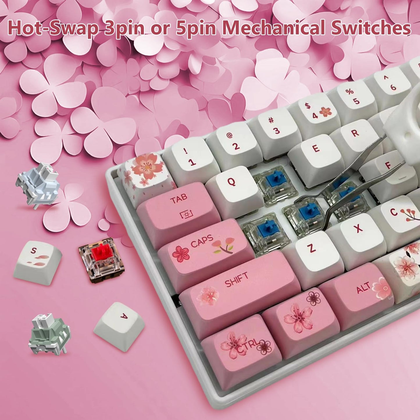 ZMX Cherry Blossom Pink and White Keyboard,60% Wired Hot Swappable RGB Backlit Mechanical Gaming Keyboard Mini 61 Keys XDA Profile Cute PBT Keycaps for Office PC/Mac Gamer (OUTEMU-Blue Switch)