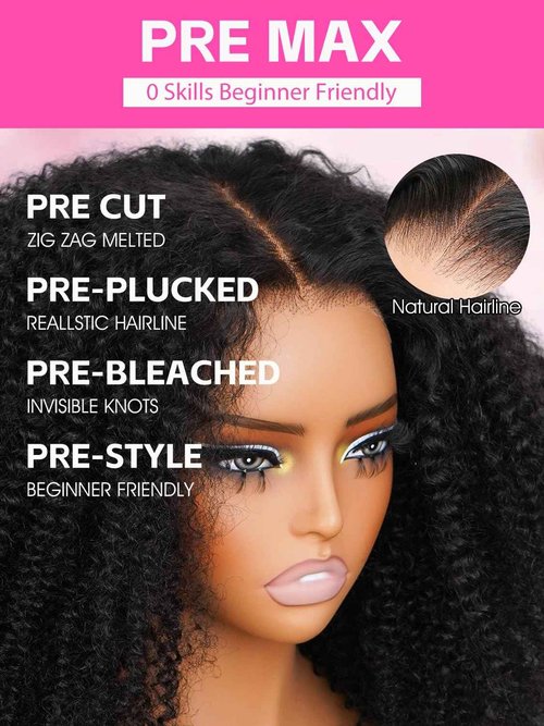 V SHOW Afro Kinky Curly Wear and Go Glueless Wigs Human Hair Pre Plucked Pre Cut 7x5 HD Lace Front Wigs Pre Bleached Bye Bye Knots 180% Density Afro Curly Lace Closure Wig Human Hair for Women 18 Inch