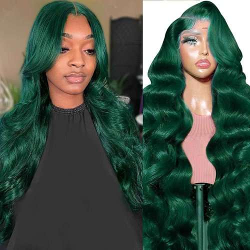 haha 13x6 Lace Front Green Human Hair Blend Wig Body Wave Dark Green Wig Human Hair Transparent HD Lace Frontal 13x6 Glueless Pre Plucked With Baby Hair 180% Density 26 Inch