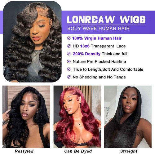 LONREAW Body Wave Lace Front Wigs Human Hair 200 Density 13x6 HD Lace Frontal Wigs Human Hair Pre Plucked Natural Color 22 Inch