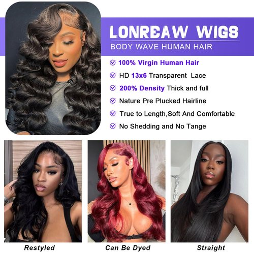 LONREAW Body Wave Lace Front Wigs Human Hair 200 Density 13x6 HD Lace Frontal Wigs Human Hair Pre Plucked Natural Color 20 Inch