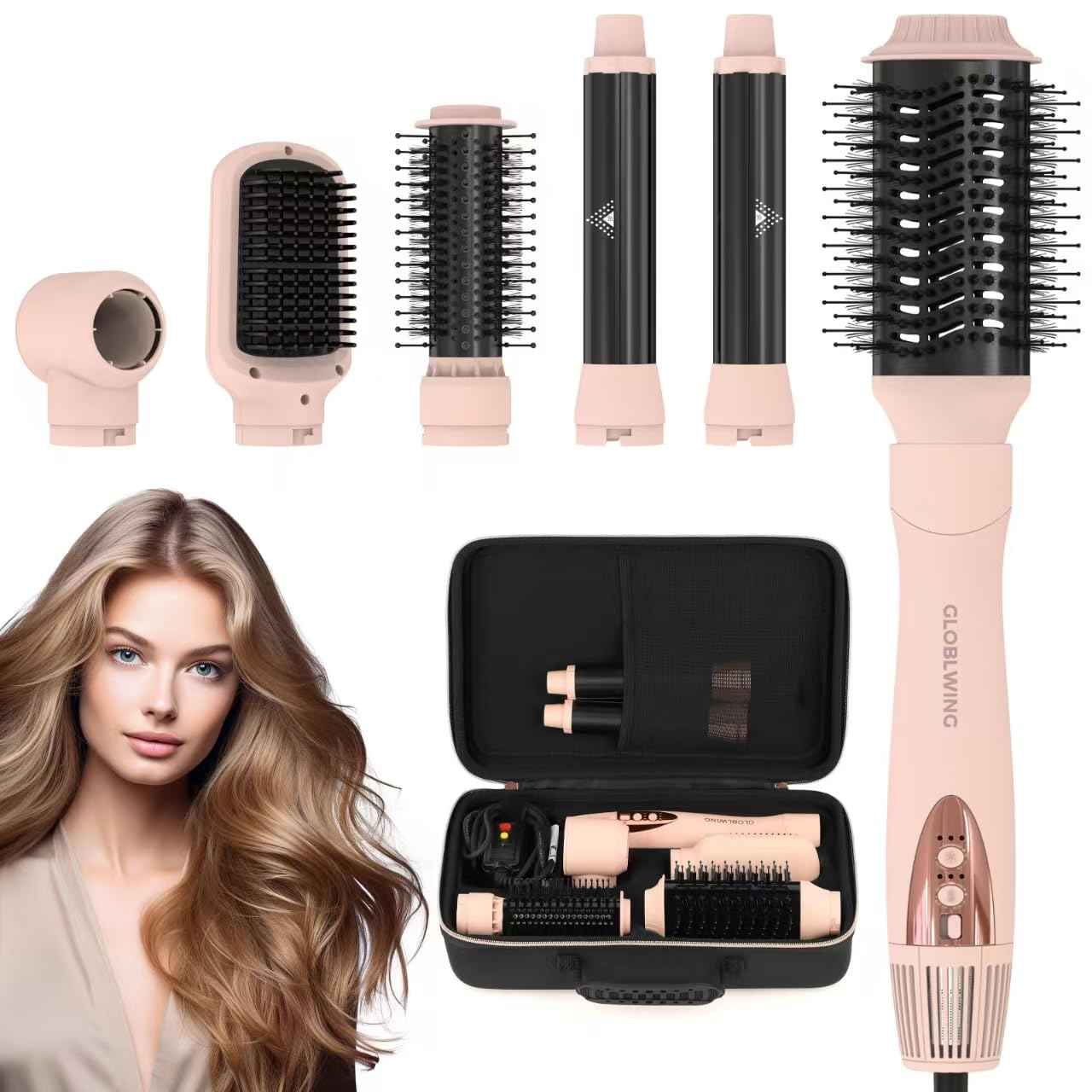 Hair Dryer Brush 6 in 1 Hot Air Styler, 110,000 RPM High-Speed Negative Ionic Blow Dryer, Auto-Wrap Curlers, Paddle Brush for Fast Drying, Curling, Straightening, Volumizing with Storage Case Pink