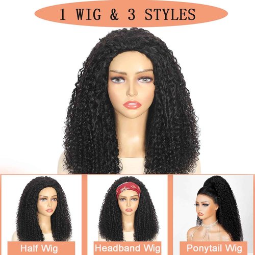 Sogram Half Wig Human Hair 3 In 1 Special Curly Half Wigs for Black Women 200% Density Wear and Go Glueless Wig Drawstring Ponytail Seamless Flip Over No Lace Headband Wig Beginner Friendly 20 Inch